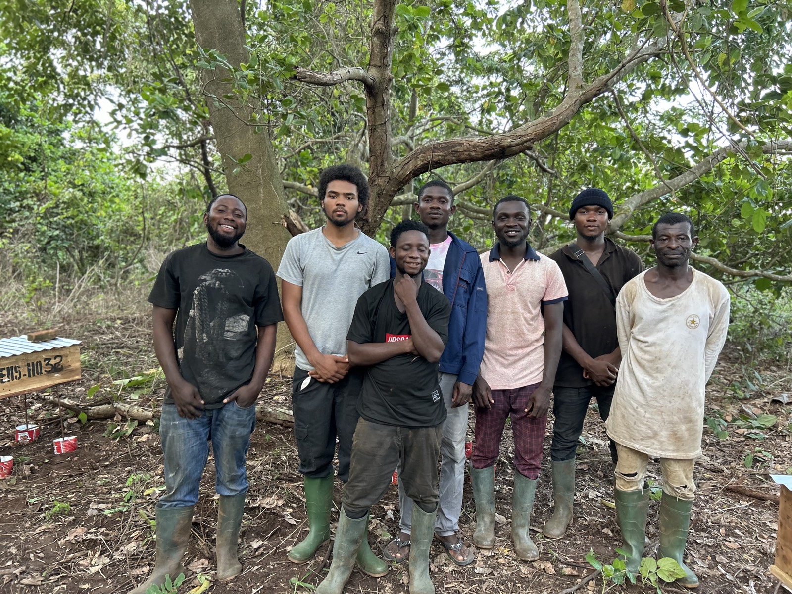 Seven beekeepers standing under cashew trees beside the hives