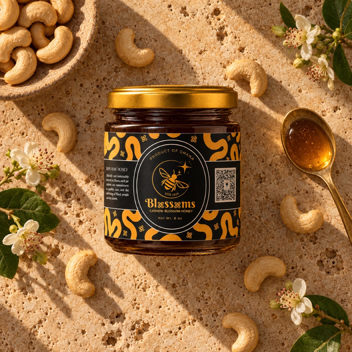 The jar surrounded by cashews and cashew blossoms