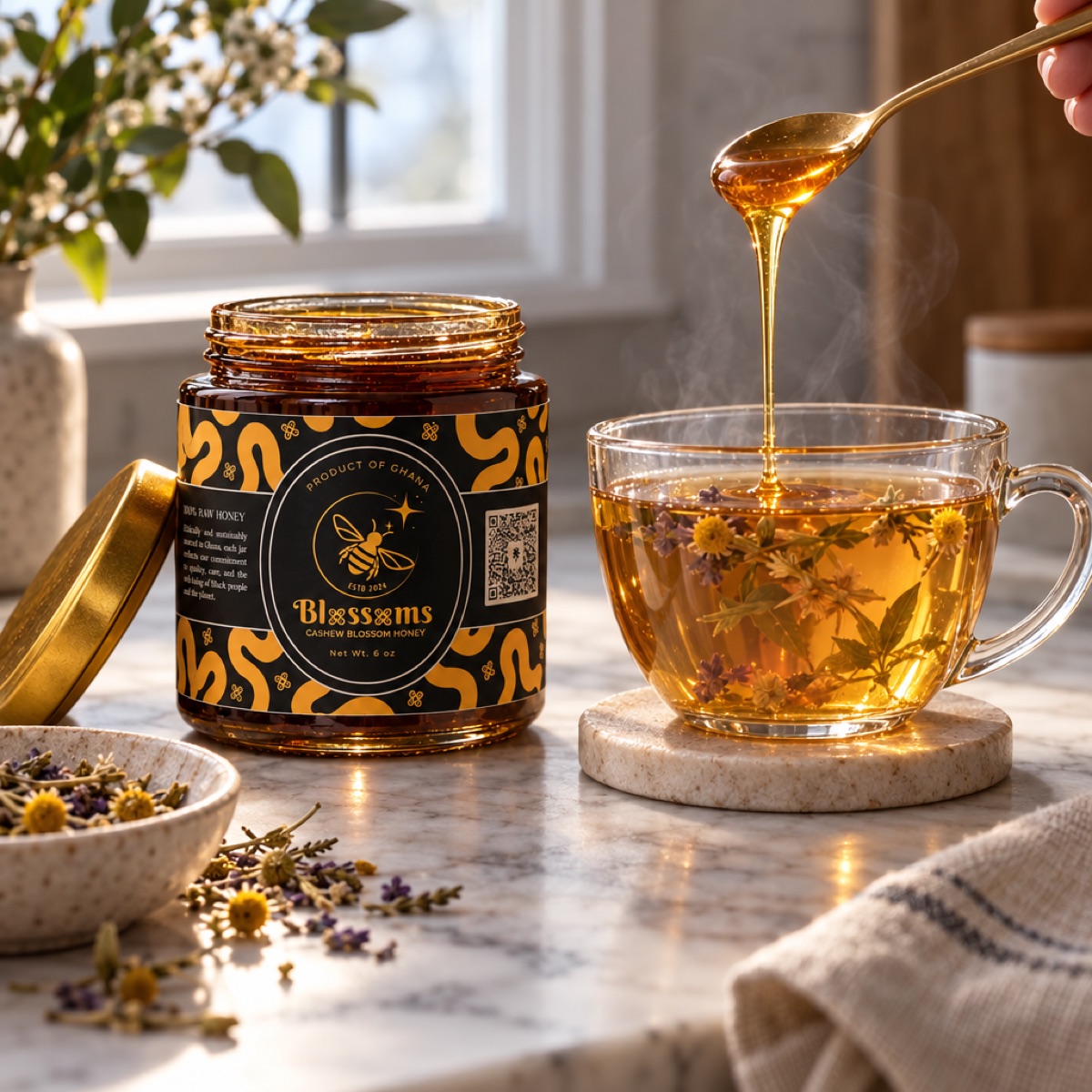 Honey drizzled from a spoon into a glass of tea beside the open jar
